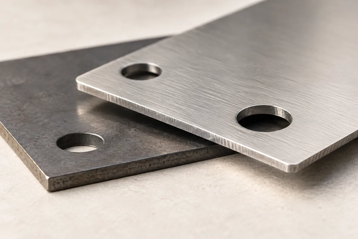 Delikli paslanmaz sacın kesim kenarı ve altında koyu renkli metal levha