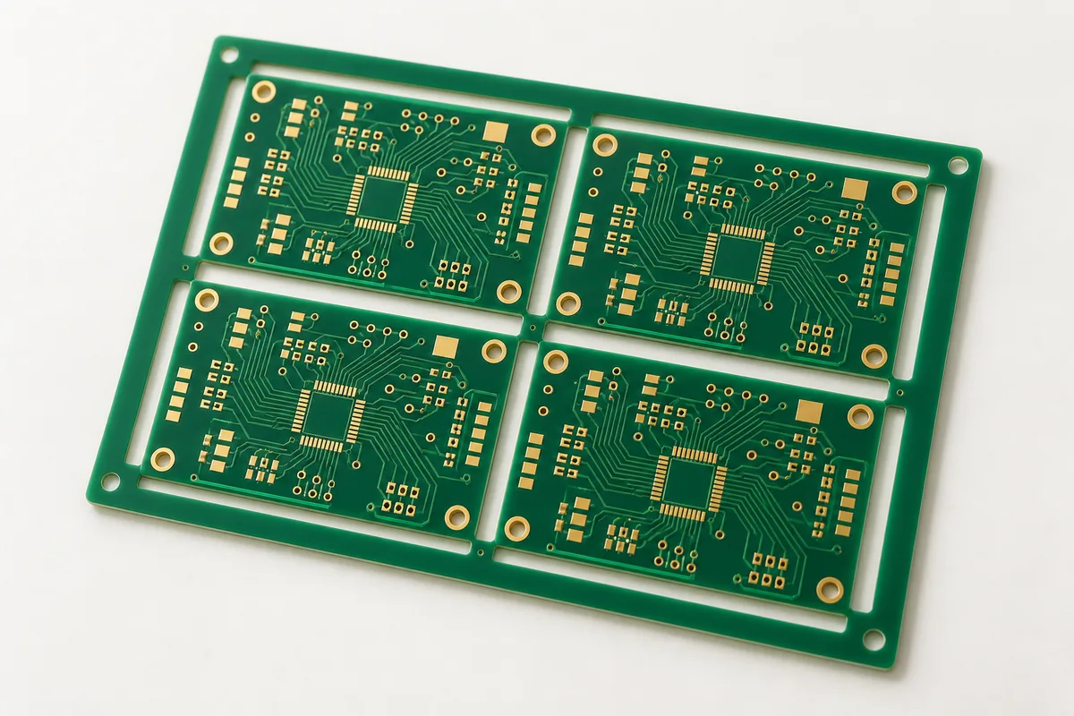 Bileşen yerleştirilmemiş dört yeşil PCB içeren üretim paneli
